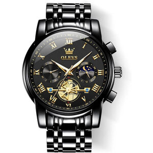 NWT Men’s Black Gold Stainless Steel Waterproof Luminous Minimalist Wrist Watch